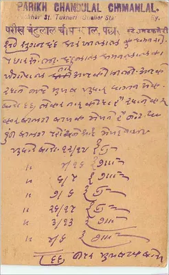 Carta postal indiana — Gwalior — editor Parikh Chandulal Chimanlal — Verso