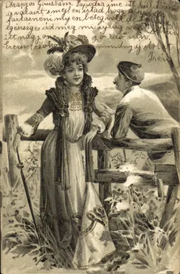 Jeune femme et homme au bord d'un chemin — illustration — éditeur non identifié