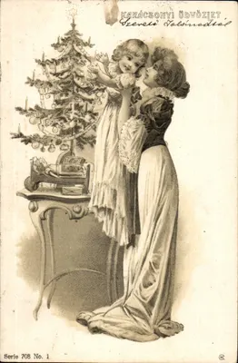 Festa de Natal — mulher e criança perto de um abeto — editor Karácsonyi Üdvözlet, série 708 n°1