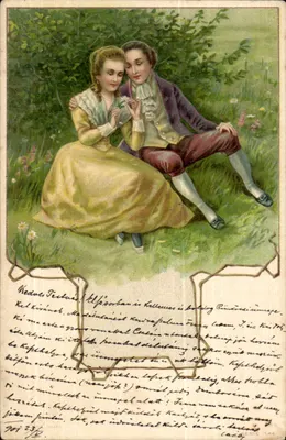 Jeune couple en tenue d'époque — scène bucolique — série 144, éditeur 'Levelező-Lap'