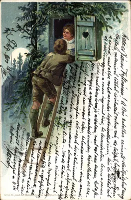 Jeune garçon grimpe à une échelle pour voir une jeune fille à la fenêtre — Série XII, Lied der Liebe, par Rafael Neyer, Wien