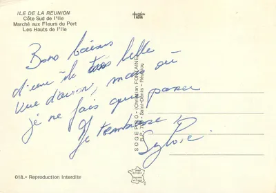 L'ÎLE DE LA RÉUNION — Carte postale touristique — éditeur ADIA, n° 018 — Verso