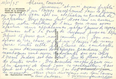 Widok Route de la Montagne dominujący nad Saint-Denis — Wyspa La Réunion — Wydawnictwo Jean-Jacques Claderé, n°406 — Rewers