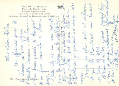 La Réunion — Flores de flamboyants, montanha, fonte, estátua — Edições Jean-Jacques Cladère — Verso