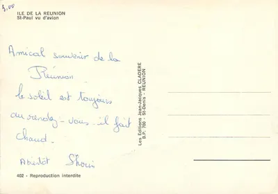St-Paul visto de avião — Ilha de La Réunion — Éditions Jean-Jacques Cladère, n°402 — Verso