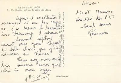 Ilha de La Réunion — Um Flamboyant na estrada de St-Leu — Coleção J. Gerard & Cie — Verso
