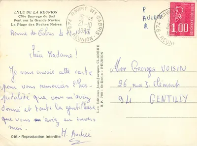 La Réunion — Południowy wybrzeżny krajobraz, most nad Wielką Rzeczką, plaża Czarnych Skal — Les Éditions Jean-Jacques Claderé, n° 016 — Rewers