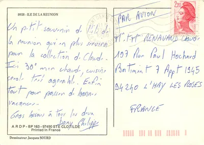 Isola di La Réunion — Cartolina turistica — Disegnatore Jacques SOURD — Verso