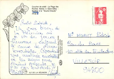 Zachód słońca — Plaża Roches Noires w Saint-Gilles — Nudysta przy "Souris-Chaude" — Wydawnictwo Reporter's Photo CHAN, n° PP20 — Rewers