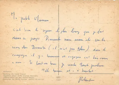 Buciumaș w górach Vrancea — Rumuński gracz na alphorn — wydawnictwo oficjalne Turism România, nr 1368/1 — Rewers