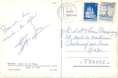 Brașov — Pejzaż lotniczy miasta z Timpy — Éditura Meridiană, numer serii nie widoczny — Rewers