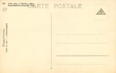 Kobieta w tradycyjnym stroju — Breaza-Prahova — Foto oryg. J. Fischer, Sibiu, n°767 — Rewers