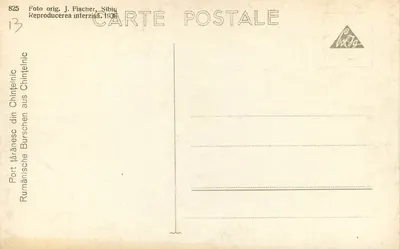 Due giovani uomini in abito tradizionale rumeno — Sibiu, 1936 — Foto J. Fischer, serie 825 — Verso