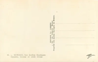 Mônaco — Jardins Exóticos. Opuntia, Cereus e aloés diversos — Edições La Cigogne — Verso