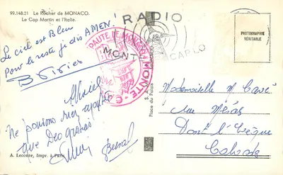 O Rocher de Mônaco — Cabo Martin e a Itália — A Garça — Verso