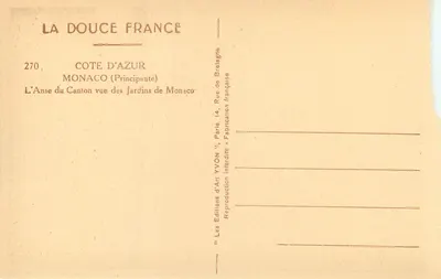 A Anse du Canton vista dos Jardins de Mônaco — Costa do Azul, Principado de Mônaco — Edições d'Art YVON, Paris — Verso