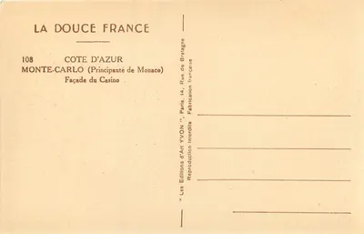Fachada do Casino — Monte-Carlo (Principado de Mônaco) — Éditions d'Art YVON — Verso