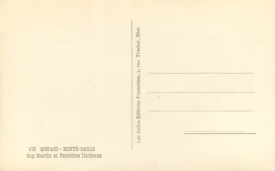 Cap Martin e Fronteira Italiana — Mônaco - Monte-Carlo — Edições Les Belles Éditions Françaises, Nice — Verso