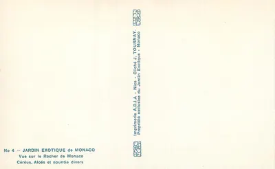 Jardim exótico de Mônaco — Vista sobre o Rocher de Mônaco — Impressora A.D.I.A. / J. Tournay — Verso