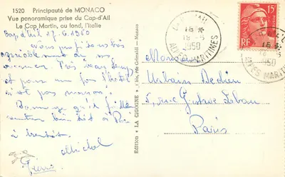 Pełnowymiarowy widok z Cap-d'Ail — Krajyna MONACO — Wydanie « La Gigogne » n°1520 — Rewers