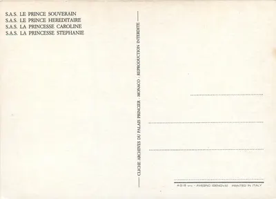 Rodzina książęca Monako — Archiwa Pałacu Książęcego — AGIS SRA - AVEGNO (GENOVA) — Rewers