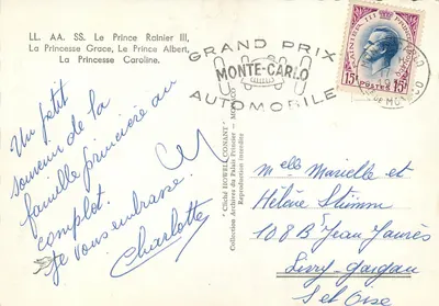 A família real de Mônaco — Príncipe Rainier III, Princesa Grace, Príncipe Albert e Princesa Caroline — Cliché Howell Conant — Verso
