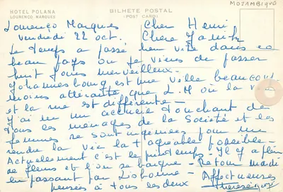 Hotel Polana Lourenço Marques — Moçambique — editor Bilhete Postal — Verso