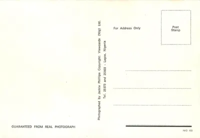 Pescadores e dançarinos na «Land of Sunshine» — Nigéria — editor Phillips Phillips (Nig) Ltd. NIG 103 — Verso