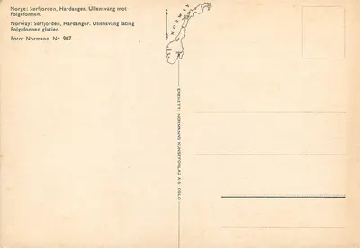 Sørfjorden, Hardanger — Ullensvang z przodu lodowca Folgefonna — Normanns Kunstforlag AS, nr 907 — Rewers