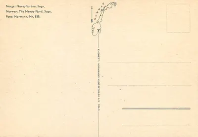 Nærøyfjorden, Sogn — Noruega — editor Normanns Kunstforlag AS Oslo, n° 838 — Verso