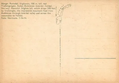Stigfossen — queda de 180 metros — Normanns Kunstforlag A/S, série T-14-14 — Verso
