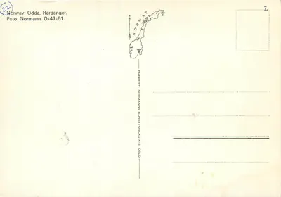 Odda, Hardanger — vista panorâmica — Normanns Kunstforlag A/S, série O-47-51 — Verso