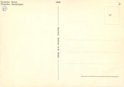 Hotel Tyssedal — Tyssedal, Hardanger — Editor: Eldines A/S, Odda, n° 3606 — Verso