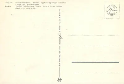 Kościół drewniany Fantoft — Paradis, pierwotnie zbudowany w Fortun w Sogn w 1150 r., odbudowany w 1883 r. — Aune Kunstforlag AS — Rewers