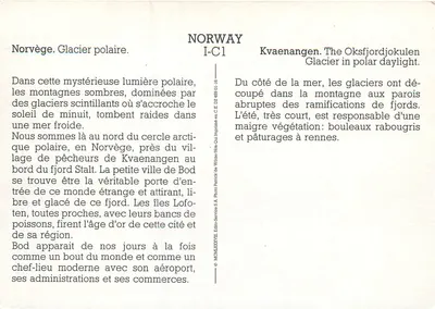 Noruega. Glacier polar. — Kvaenangen. The Oksfjordjokulen — Editor Patrick de Wilde Service S.A. n° I-C1 — Verso