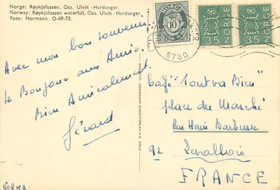 Bilhete postal moderno Noruega Cachoeira de Raykjafossen — Verso