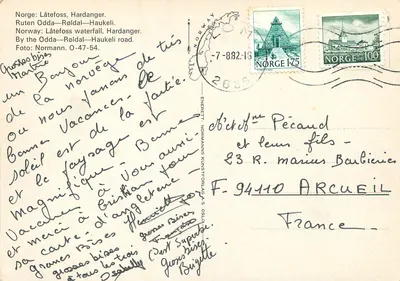 Låtefoss, Hardanger — Noruega — Éditeur Normanns Kunstforlag A/S, n° O-47-54 — Verso