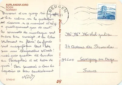 Aurlandsfjord — Noorwegen — uitgever J. F. Jørgensen, n° 5745/41 — Achterkant