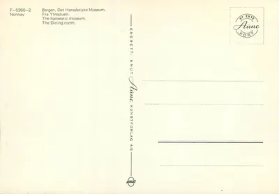 Jedzenie hansyjskie — Muzeum hansyjskie w Bergen — Wydawca Aune Kunstforlag AS, n° F-5360-2 — Rewers