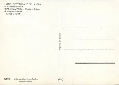 Hotel-Restaurante da Paz — as Dentes do Meio-Dia — Edição Deriaz Baulmes n°13583 — Verso