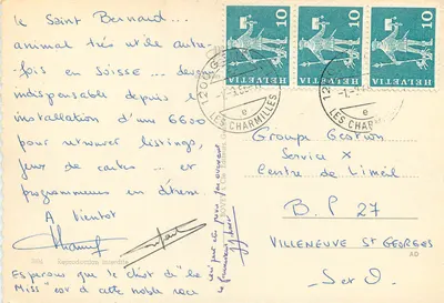 Św. Bernard — bardzo użyteczny zwierzę dawniej w Szwajcarii — wydawca Couvreur & Cie, nr 3106 — Rewers