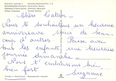 Żółta anemonia i cięta gentiana — Anemone sulfurea L. i Gentiana Kochiana Perr. u. S. — Engadin Press AG n°264 — Rewers