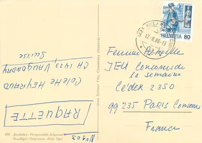 Dwa czerwone motyle wśród czapli — praca Zelnera — seria 678 — Rewers