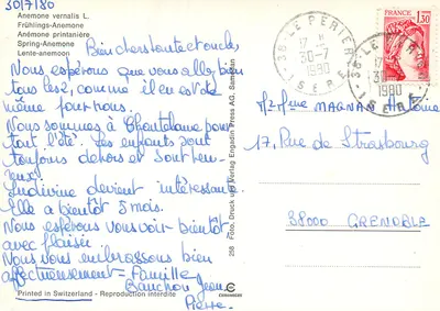Anêmone vernalis L. — Anêmone de primavera — Engadin Press AG, n° 258 — Verso