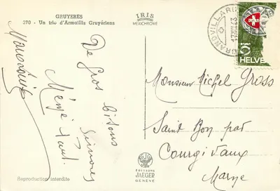 Trzej chłopcy w tradycyjnym stroju — Gruyères — Wydawnictwo Jaeger — Rewers