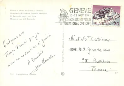 Mniowie i psy z Grand St Bernard — Międzynarodowy turniej konny, Genewa — Wydawca BOVEY & Cie, n° 3144 — Rewers