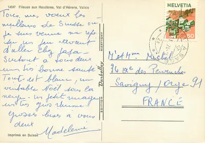 Kobieta tkaczka w Haudères, Dolina Hérens, Walonia — Wydawnictwo Martigny n°14047 — Rewers