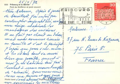 Fribourg e a Sarine — Ponte do Gotfèron e ponte coberta — Edição Pérochet, Lausanne — Verso
