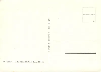 Genève - Le Jet d'Eau et le Mont-Blanc (4810 m) — Édition Jaeger — Verso