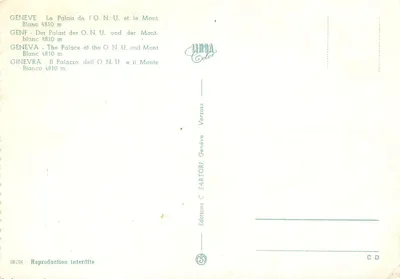 Pałac Narodów i Mont-Blanc — Genewa — Wydawnictwo C. Sartori, nr 3638 — Rewers